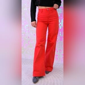 RISEN High Rise Tummy Control Wide Leg Denim Jeans Fiesta Red Palazzo 15/32 NEW